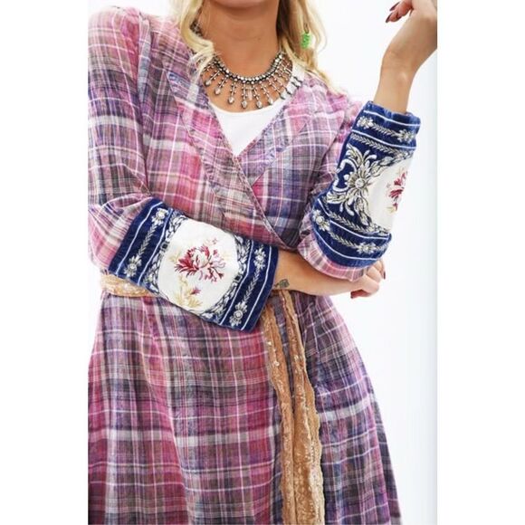 Aratta Silent Journey Boho Plaid Purple Pink Wrap Dress Size XS - Picture 2 of 12